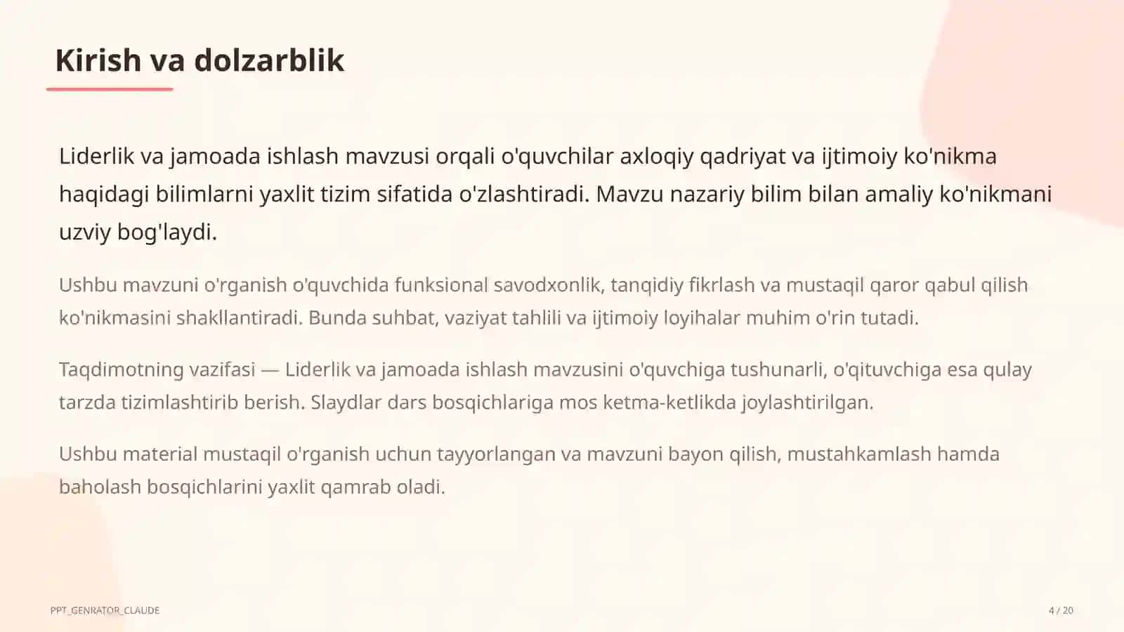 Liderlik va jamoada ishlash (11-sinf) 4