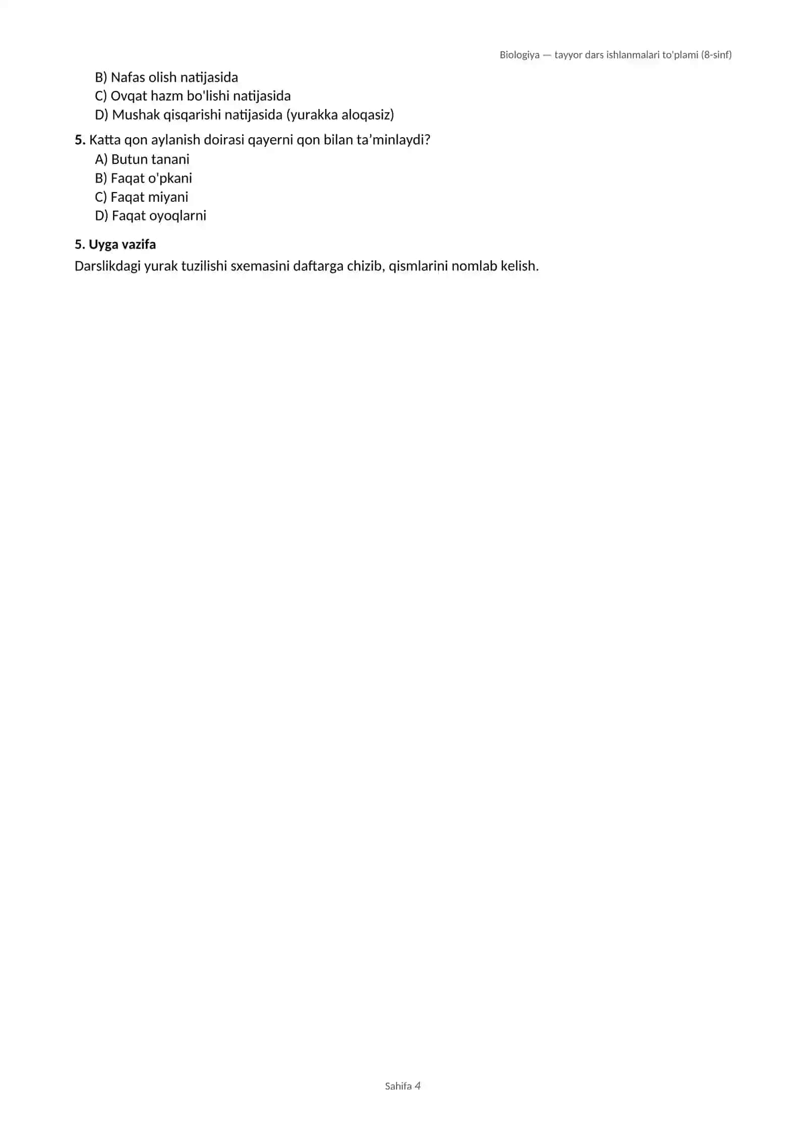 Biologiya 8-sinf: Inson anatomiyasi va fiziologiyasi — tayyor dars ishlanmalari to'plami (5 ta dars) 4