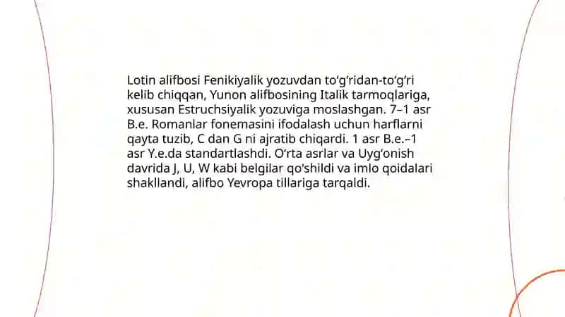 Lotin tili tarixida qisqacha maʼlumot.Alfavit unlilar diftonglari undoshlar.Harf birikmalarning Digraflar talaffuzi 4
