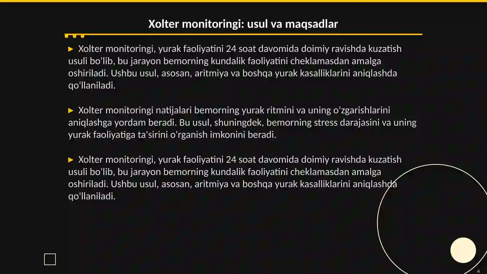 Bemorlarning holatini avtomatik nazorat qilish sistemalari bilan tanishish. Xolter tekshiruvi 4
