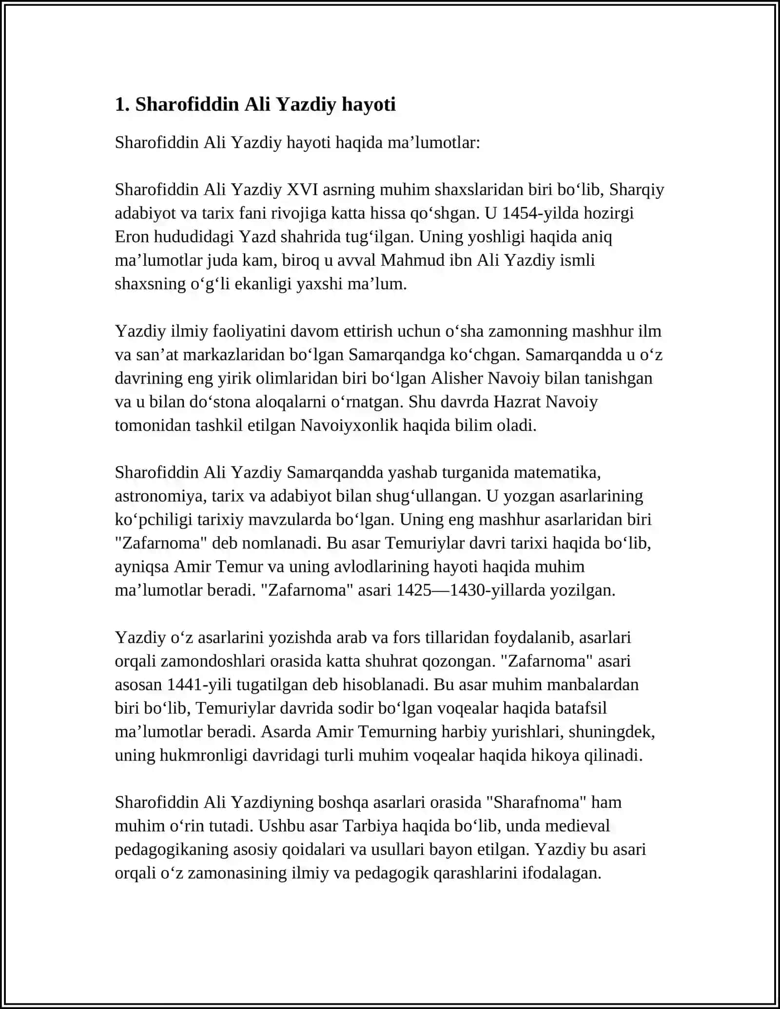 SOʻNG SHAROFIDDIN ALI YAZDIY SULTONIYA, RAY VA QUM VILOYATLARI HOKIMI BOʻLGAN SHOHRUXNING NABIRASI SULTAN MUHAMMAD XIZMATIGA OʻTADI. 1445—46-YILLAR MUHAMMAD SULTONNING MARKAZIY XUKUMATGA QILGAN ISYONIGA ARALASHIB QOLGAN SHAROFIDDIN ALI YAZDIY ULUGʻBEKNING OʻG'LI ABDULLATIF TOMONIDAN JAZODAN SAQLAB QOLINADI VA HIROTGA YUBORILADI. KAMOLIDDIN ABDULVOSEʼ AN NIZOMIYNING "MAQOMOTI MAVLAVIY JOMIY" ASARIDA KELTIRILISHICHA, SHAROFIDDIN ALI YAZDIY HIROTGA KELIB, JOMIYNING SUHBATIDA 4