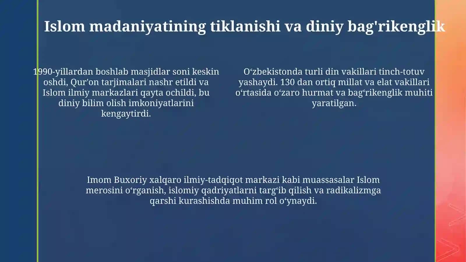 Mustaqilik yilarida Ózbekistondagi manviy va madaniytarqiyoti 4