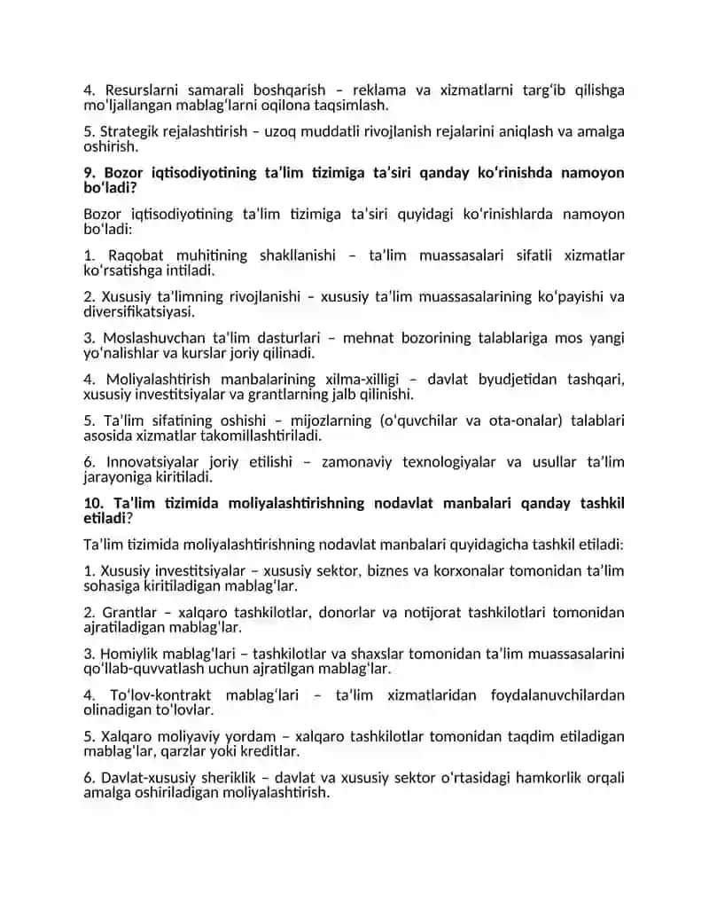 Taʼlim iqtisodiyoti va rahbarning moliyaviy kompetentligi fanidan yakuniy nazorat javoblari 4