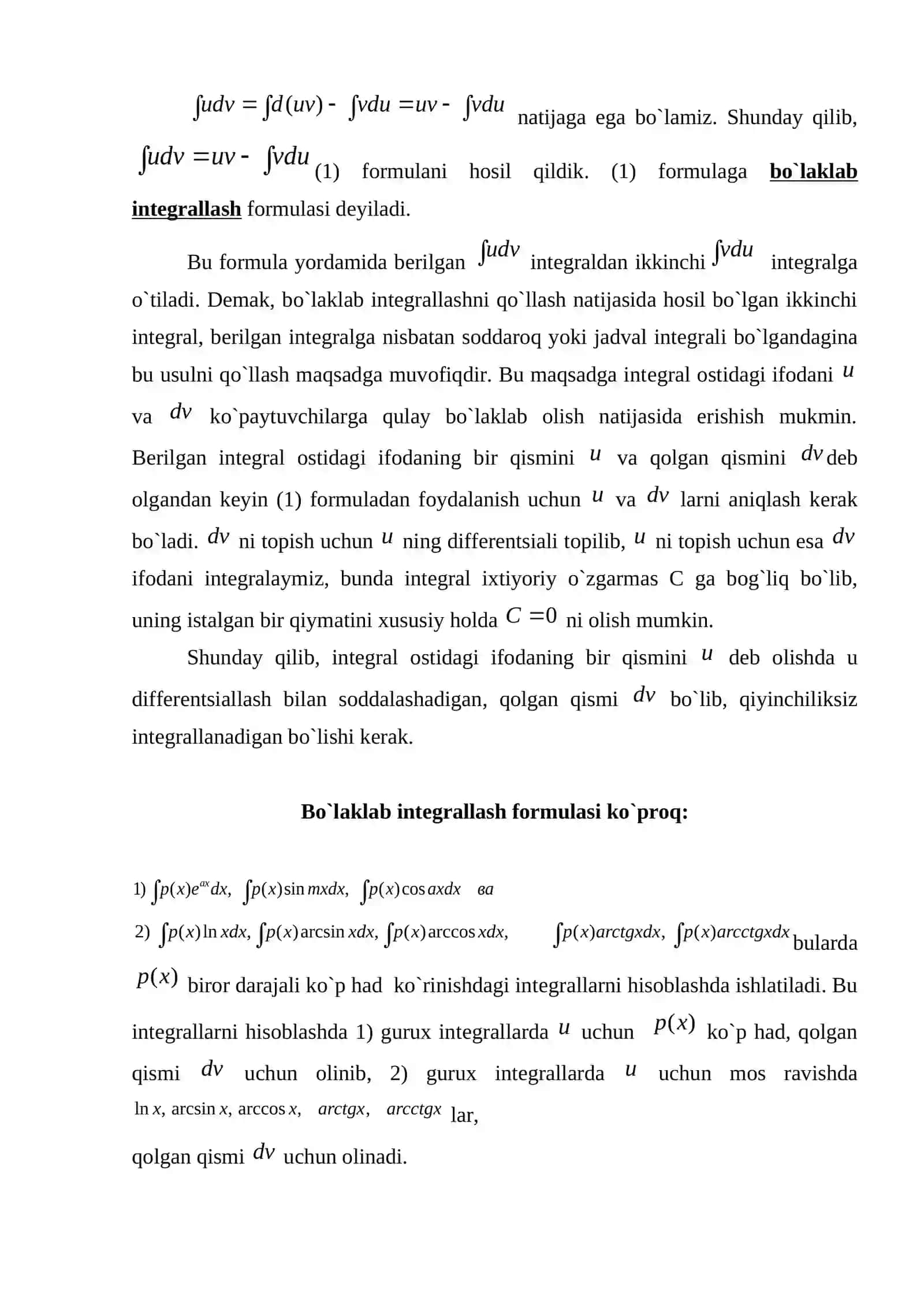 Aniqmas intеgralda o’zgaruvchini almashtirish bo’laklab intеgrallash 4