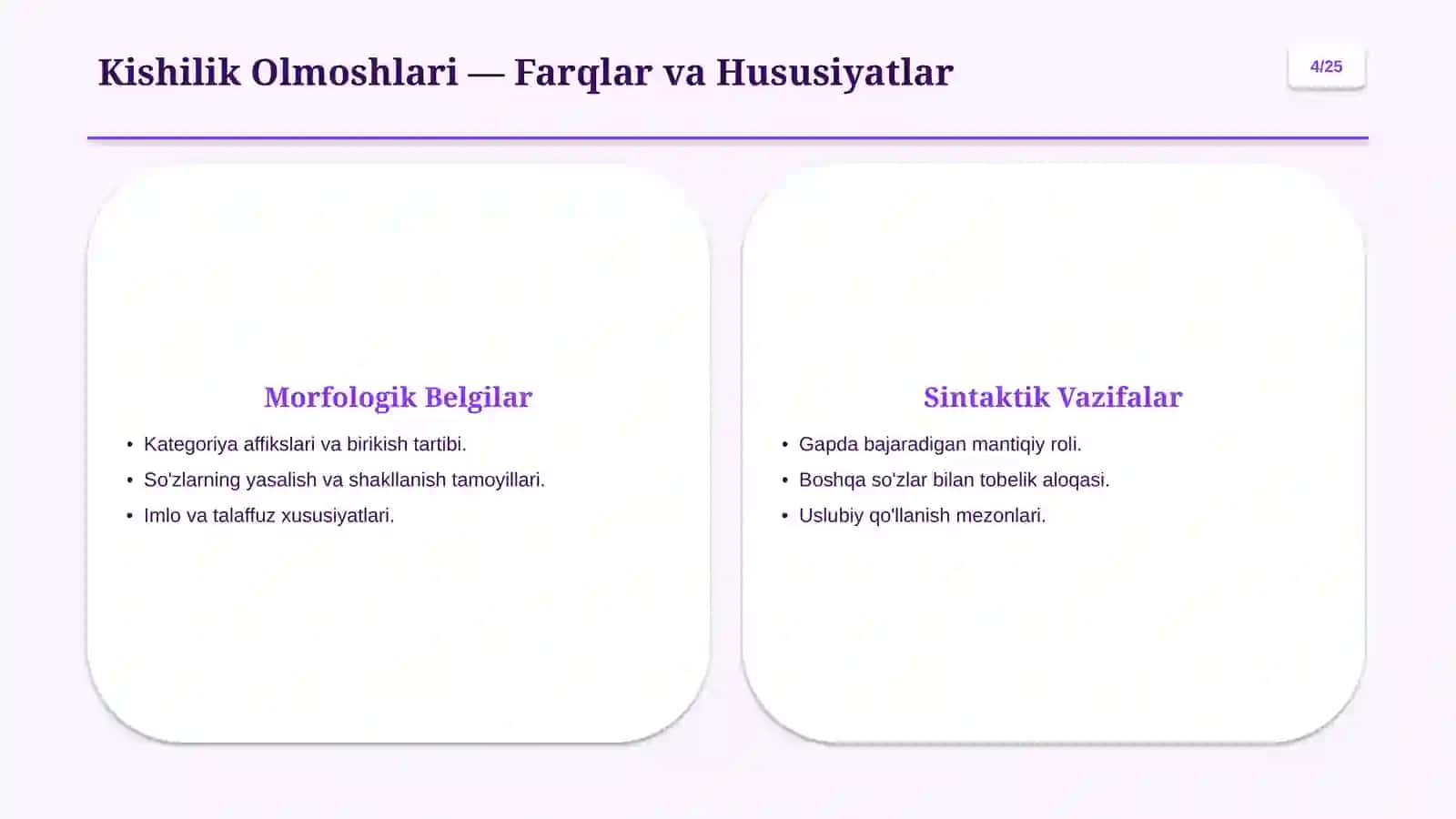 Olmosh So'z Turkumi: 6 Ma'no Turi va Morfonologiyasi 4