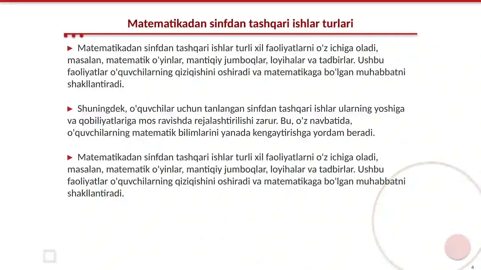 Boshlang'ich sinflarda matematikadan sinfdan tashqari ishlarni tashkil etishning maqsad va vazifalar 4