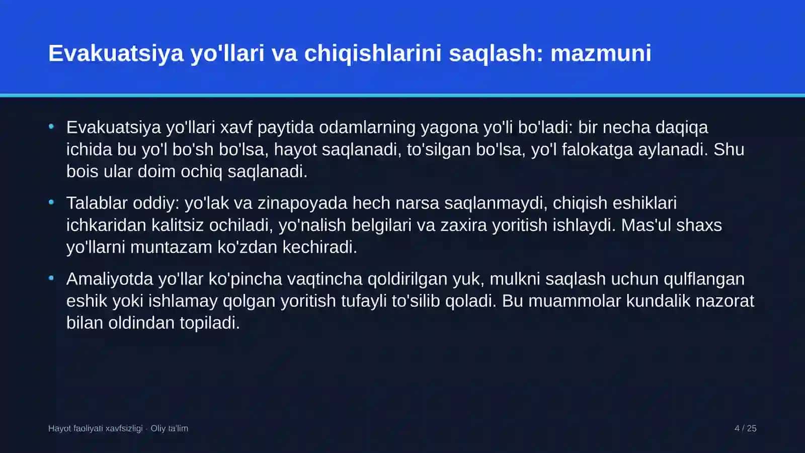 Davlat-xususiy sheriklik loyihalarida evakuatsiya yo'llari va chiqishlarini saqlash 4