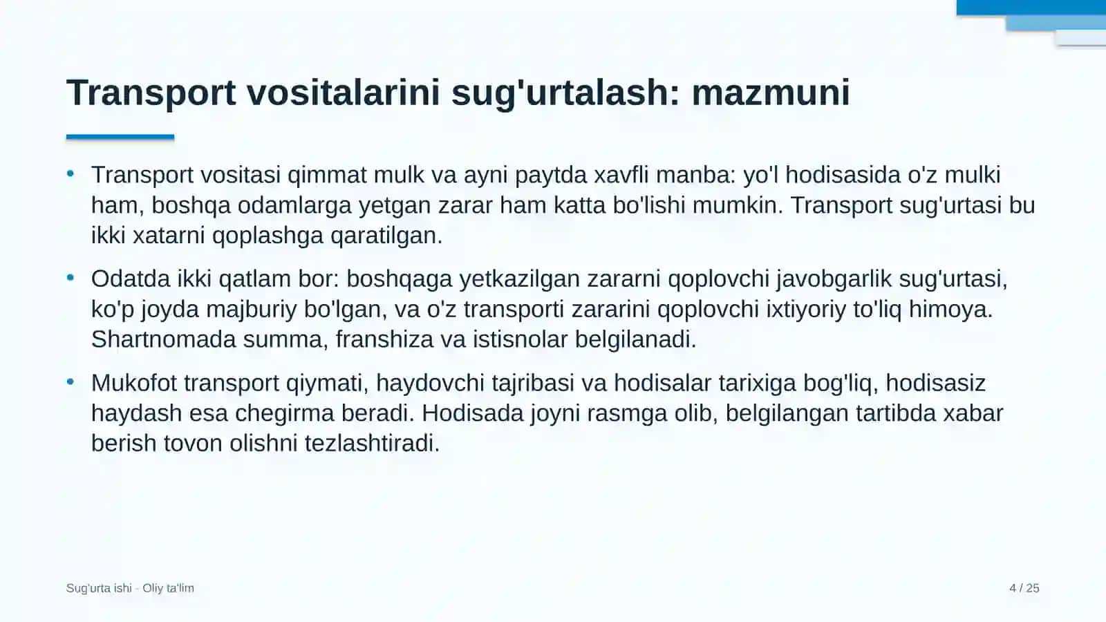 Baholash tashkilotlarida transport vositalarini sug'urtalash 4