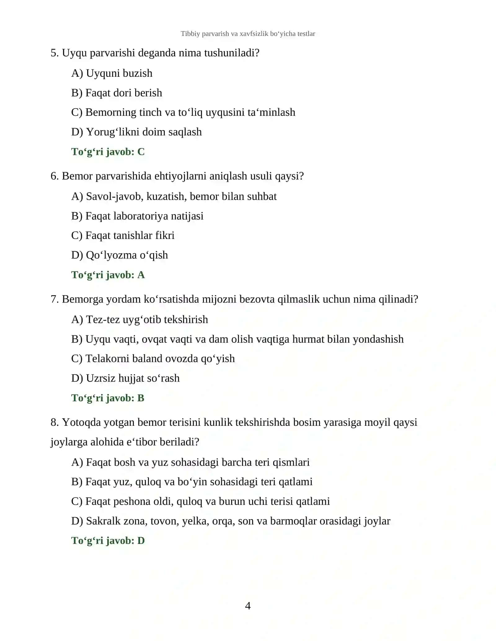 Tibbiy parvarish va xavfsizlik bo‘yicha testlar 4
