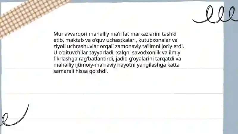 Jadid ma'rifatparvarlarining o'lka ijtimoiy-ma'naviy hayotida tutgan o'rni (Munavvarqori, Fitrat, Behbudiy, Avloniy va boshqalar.) 4