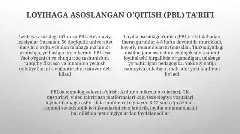 O’qitish texnologiyasi. Ma’ruza shaklida o’qitish. Loyixaviy ta’limning moxiyati 4