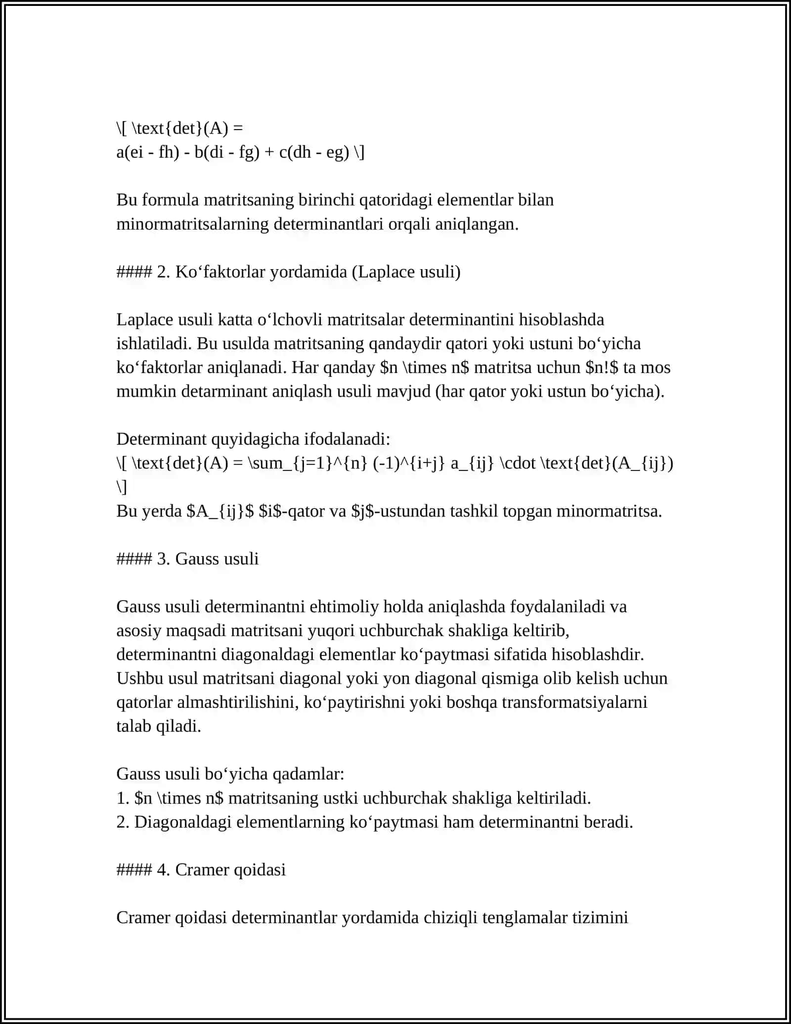MUSTAQIL ISH Mavzu: DETERMINANTLARNI VA TESKARI MATRITSANI HISOBLASHGA DOIR MISOLLAR YECHISH 4