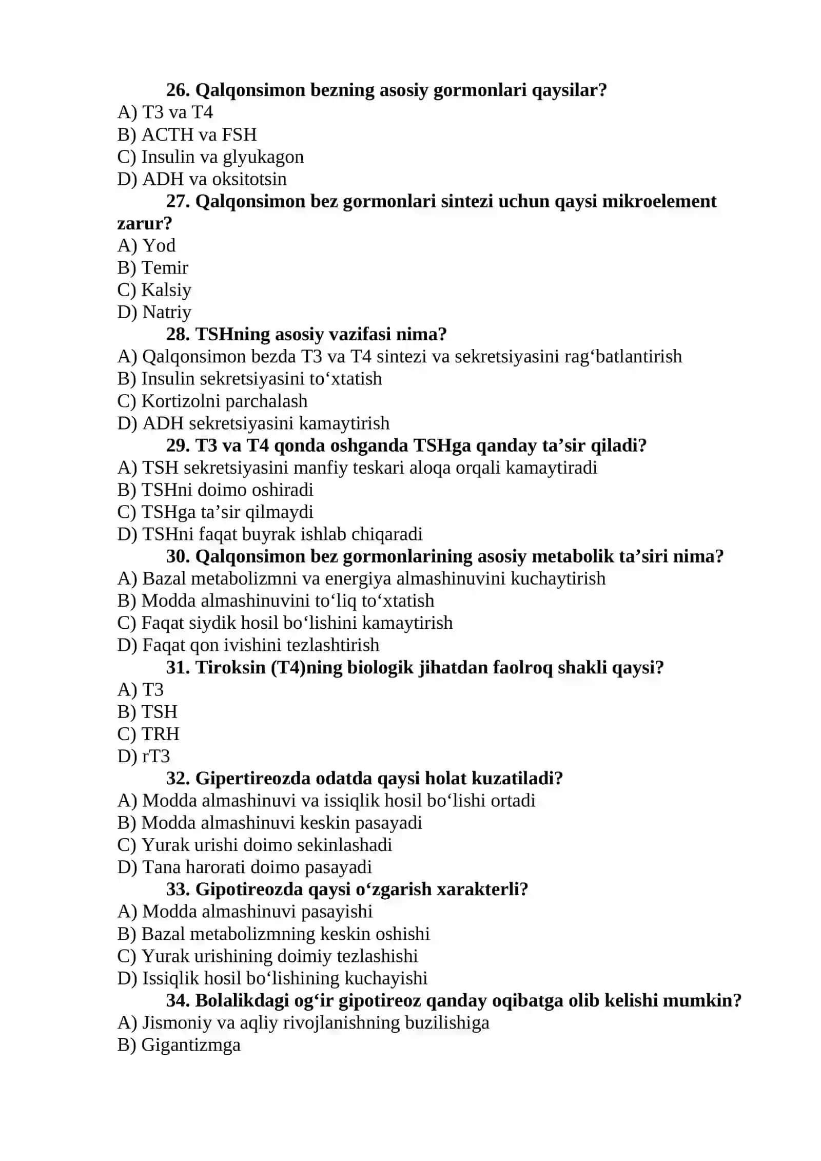 Endokrin sistemasi fiziologiyasi va boshqarilishi — 110 ta test 4