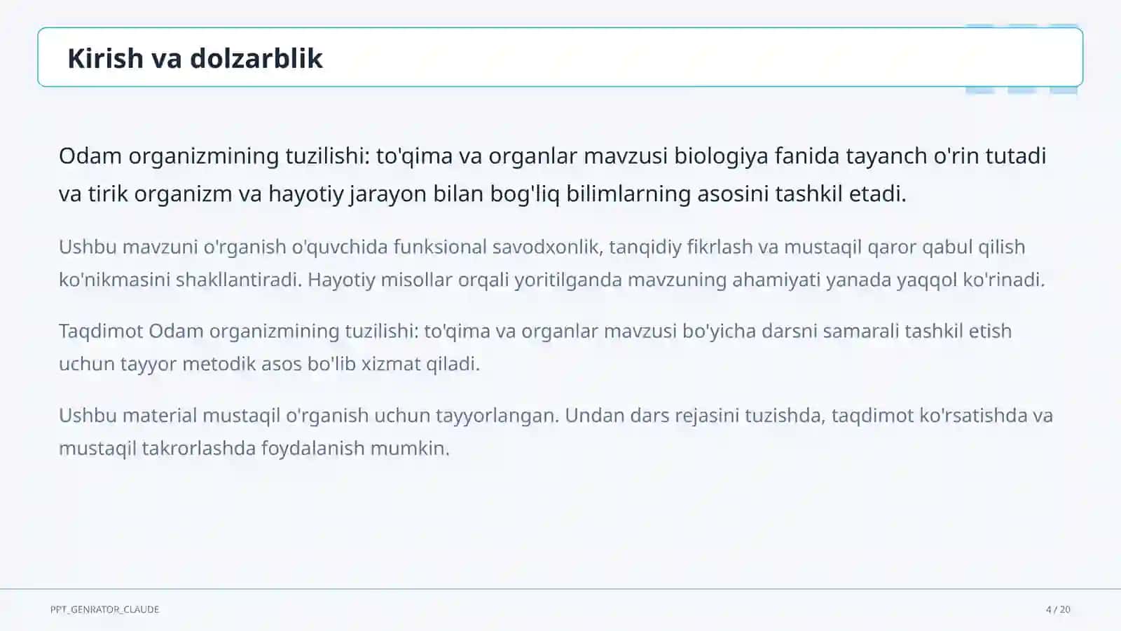 Odam organizmining tuzilishi: to'qima va organlar (8-sinf) 4