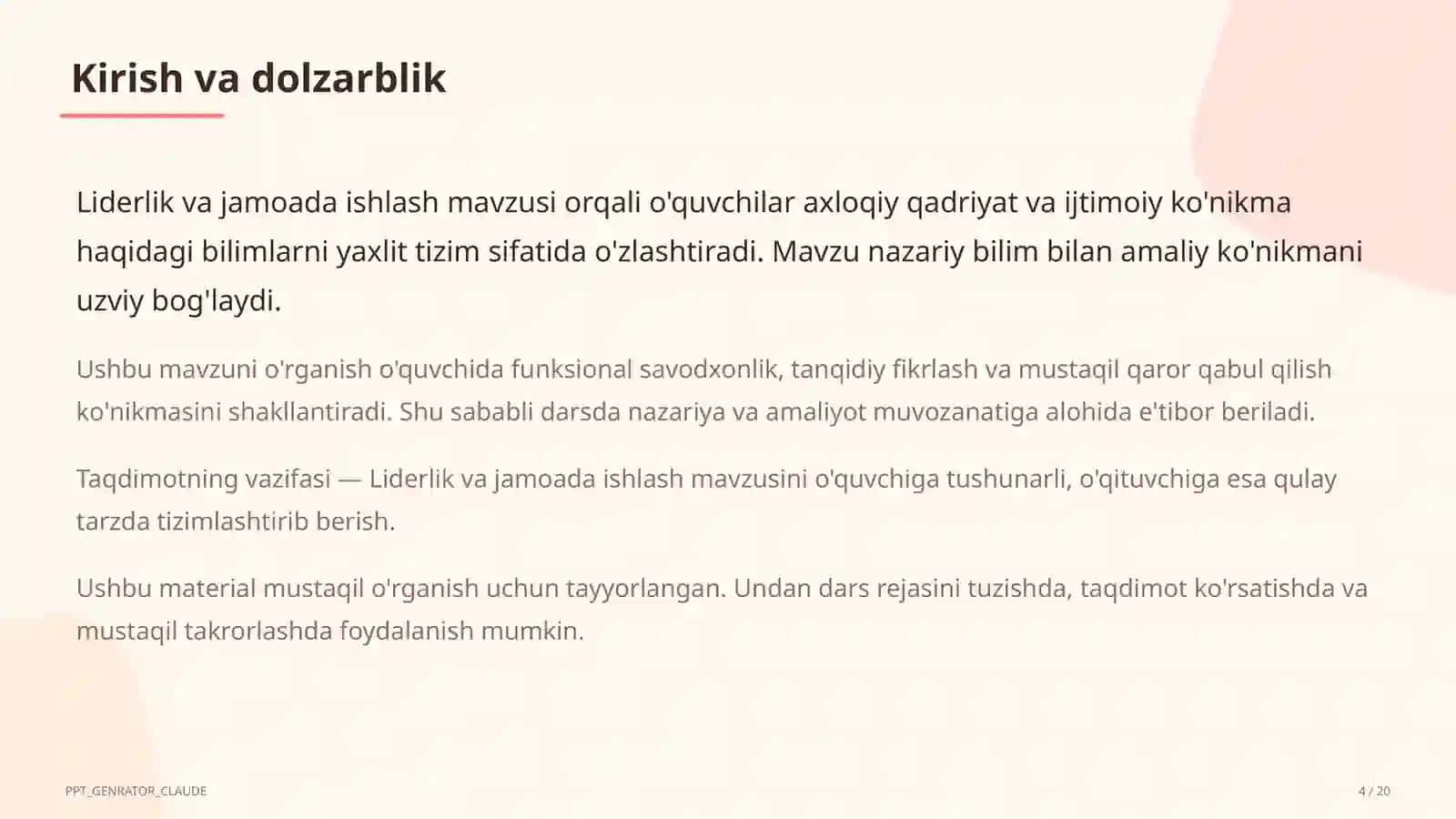 Liderlik va jamoada ishlash (11-sinf) 4