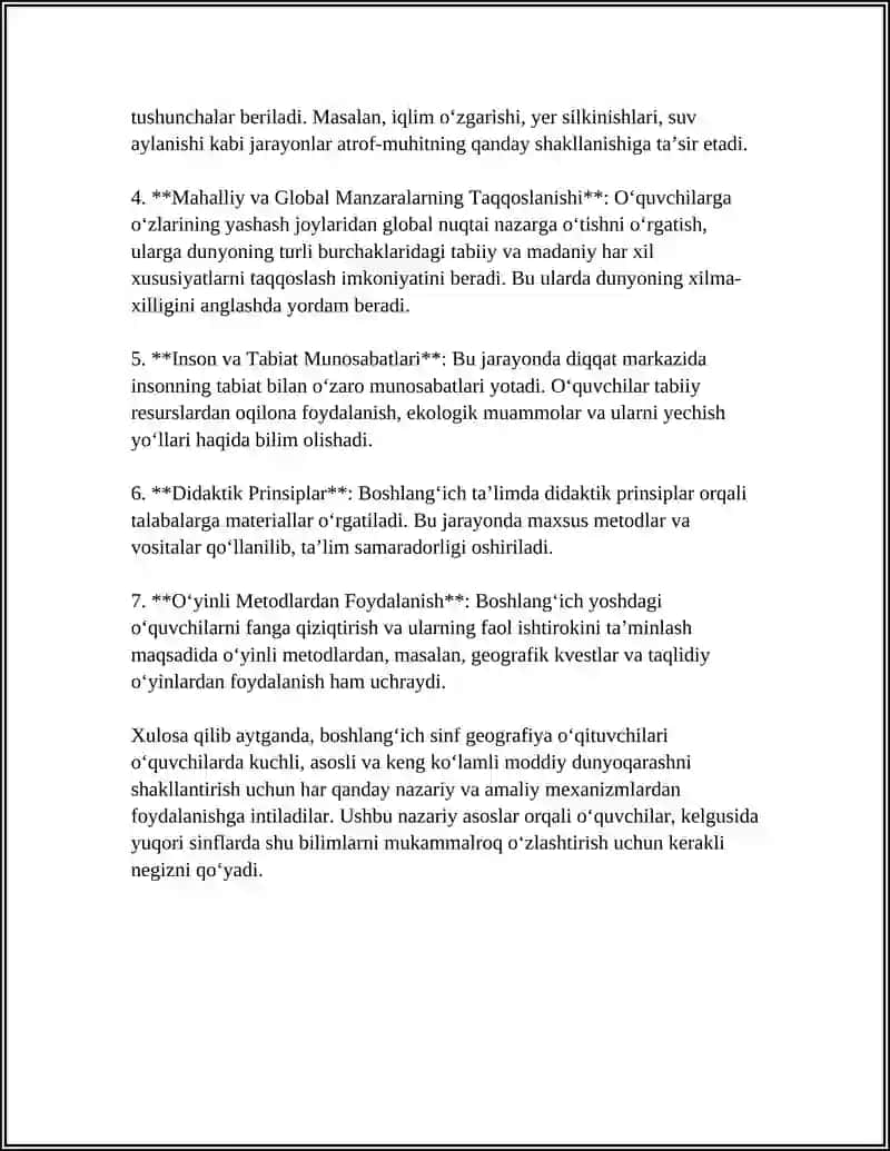GEOGRAFIYA FANINI ÒQITISH JARAYONIDA BOSHLANĜICH SINF ÒQUVCHILARINING MODDIY DUNYOQARASH ASOSLARINI SHAKLLANTIRISH 4