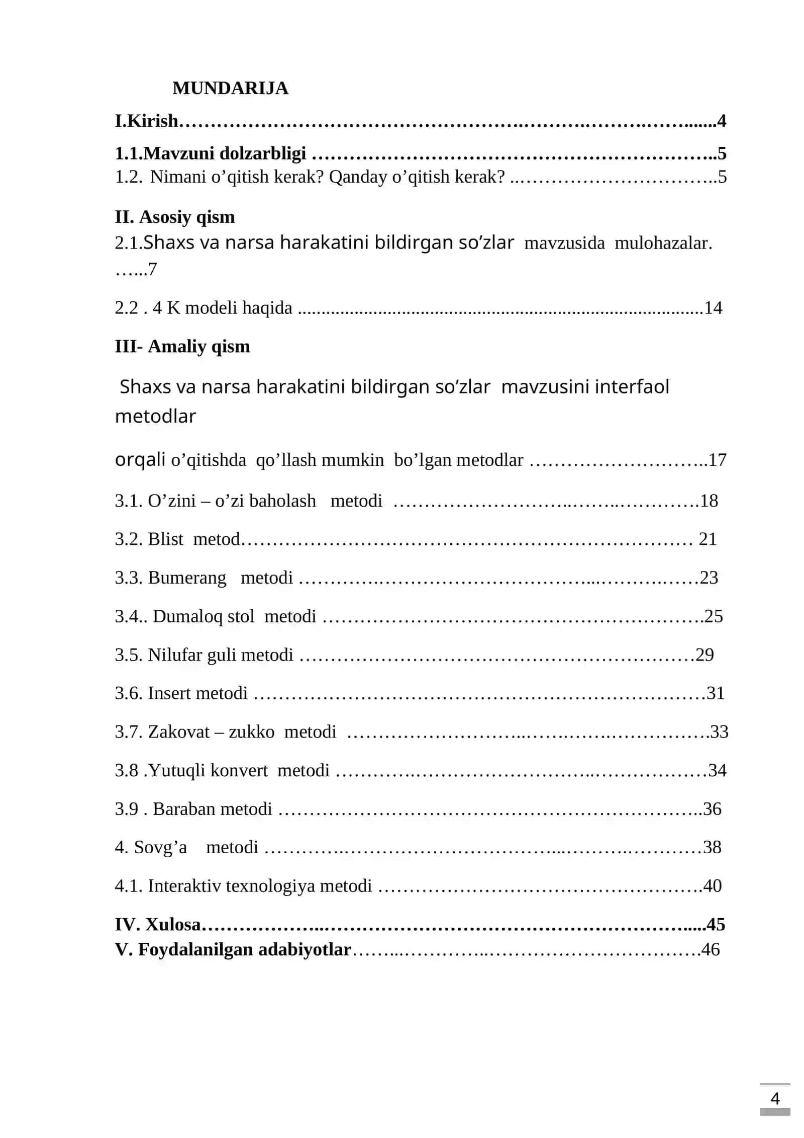 Boshlang’ich sinf ona tili darslarda “ Shaxs va narsa harakatini bildirgan so’zlar ” mavzusini 4 K modeli va innovatsion yangi interfaol metodlar orqali o’qitish metodikasi mavzusida METODIK TAVSIYASI 4