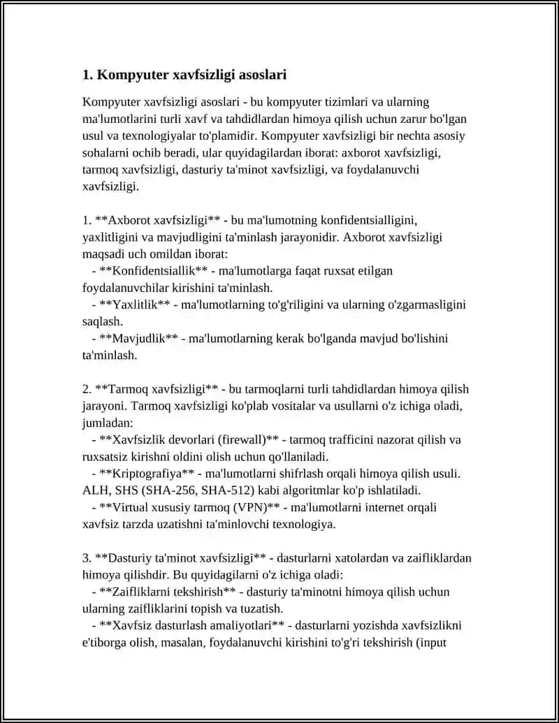 MUSTAQIL ISH Mavzu: AXBOROTLARNI HIMOYALASHNING TEXNIK VA DASTURIY VOSITALARI.KOMPYUTER VERUSLARI. KOMPYUTER TARMOQLARIGA TAQDID, HUJUMLAR VA ULARNI BARTARAF ETISH YOʻLLARI 4