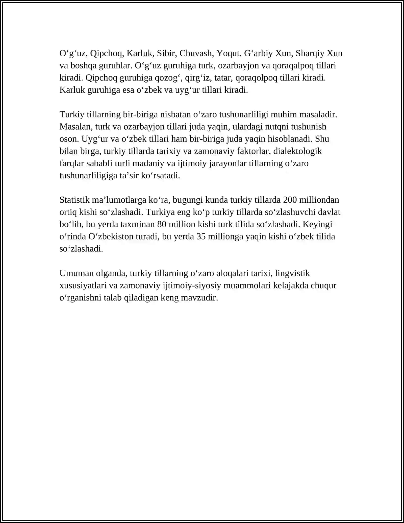 O‘ZBEK TILIDA VA SIGARMONISTIK VARIANTLILIKNI HISOBGA OLMAGANDA UYG‘UR, TURKMAN, QORAQALPOQ, QOZOQ VA QIRG‘IZ MATNLARIDA UMUMIY SO‘ZLAR 4