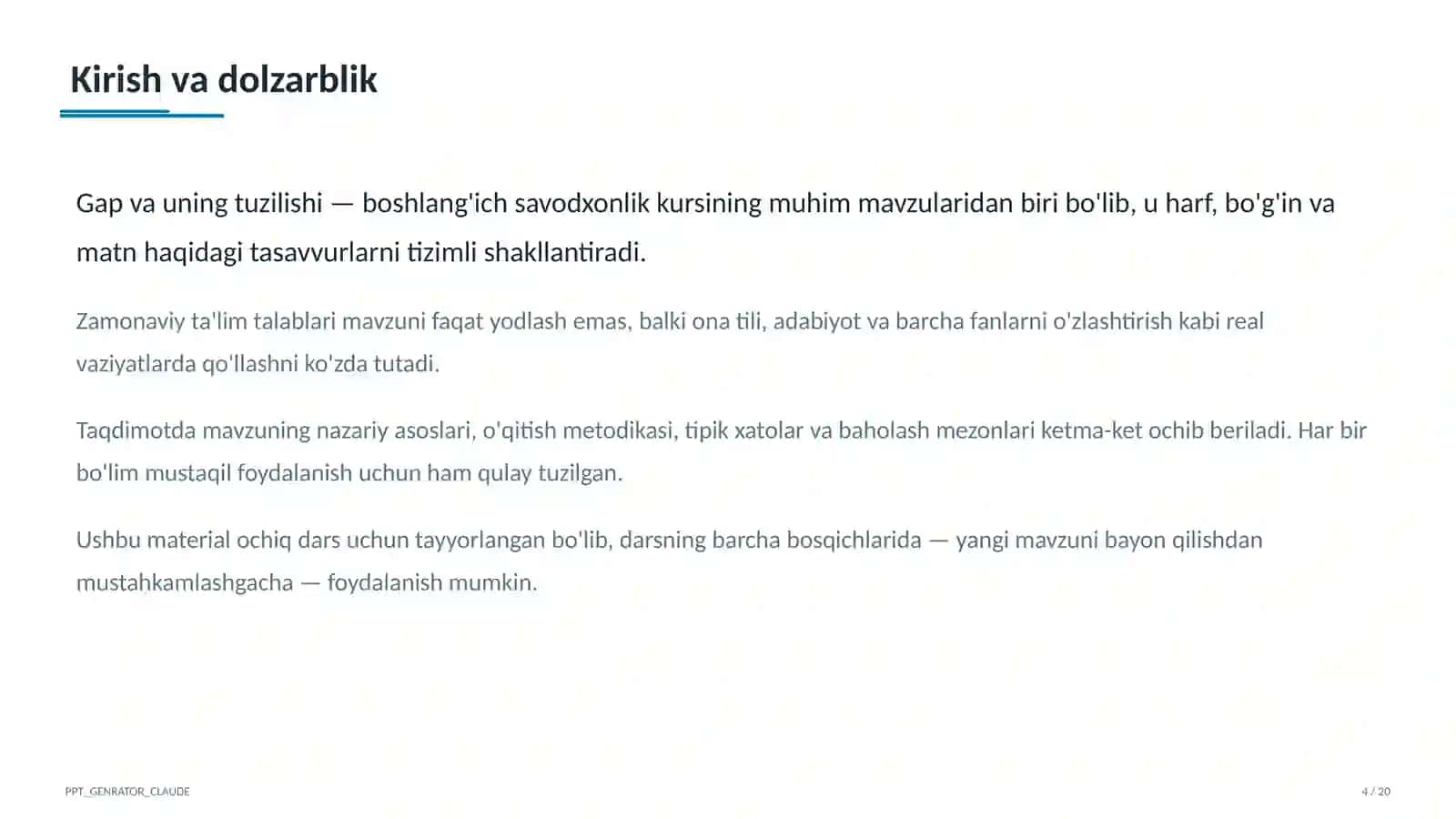 Boshlang'ich sinf: Ona tili va o'qish (1–4) — ochiq dars uchun 4