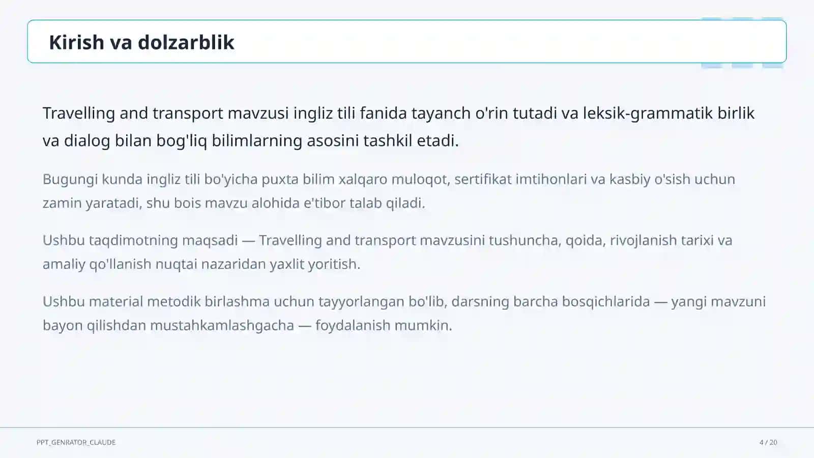 Travelling and Transport (6-sinf) 4