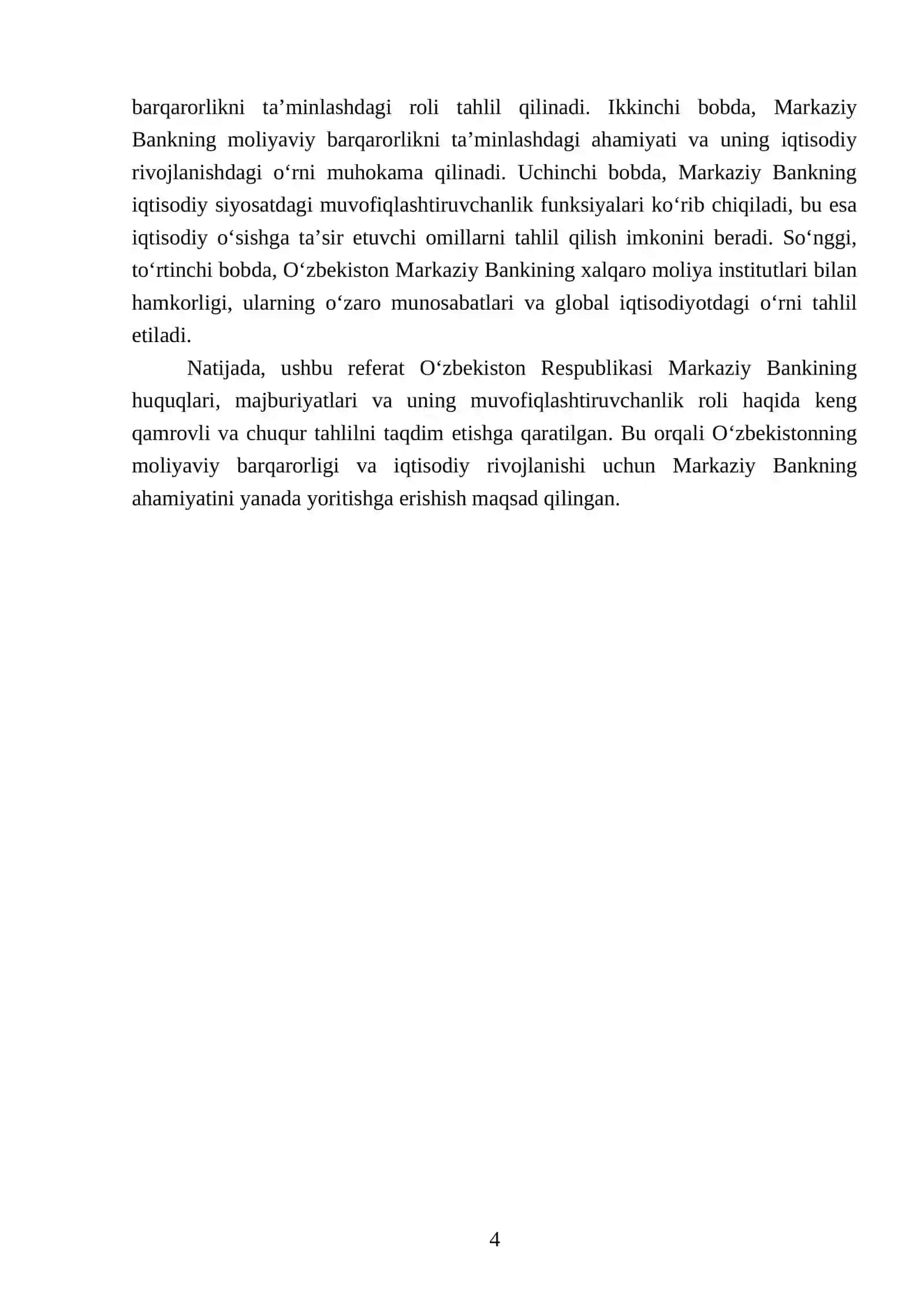 O'zbekiston Respublikasi Markaziy Bankining huquqlari, majburiyatlari va uning muvofiqlashtiruvchanlik roli 4