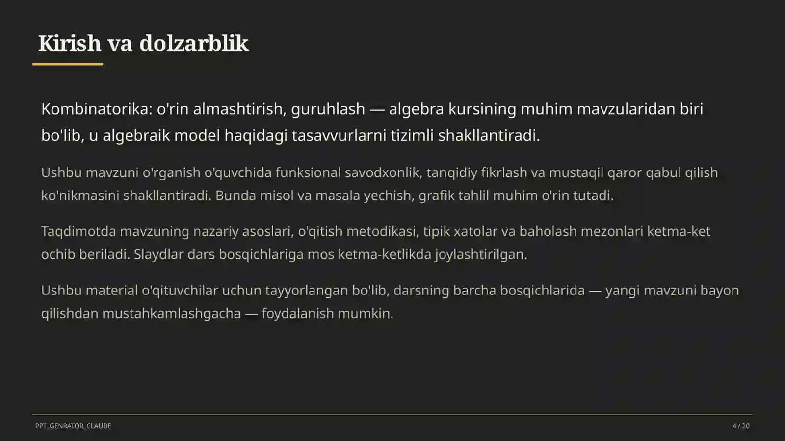 Kombinatorika: o'rin almashtirish, guruhlash (9-sinf) 4