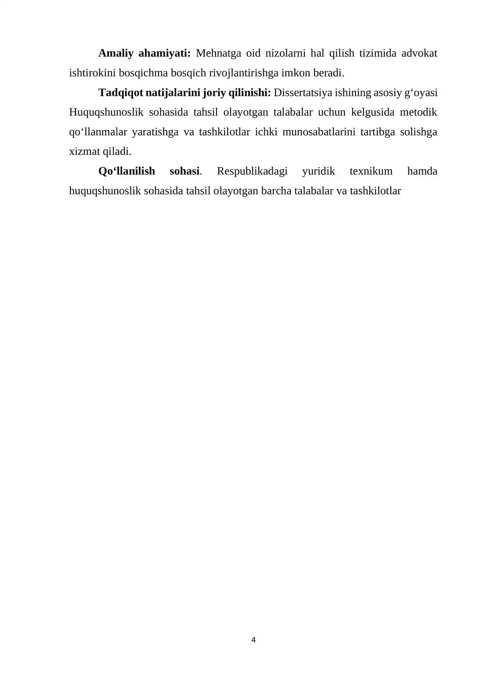 Magistrlilik dissertatsiyasi: "Mehnatga oid nizolarni hal qilishda advokat ishtiroki" 4