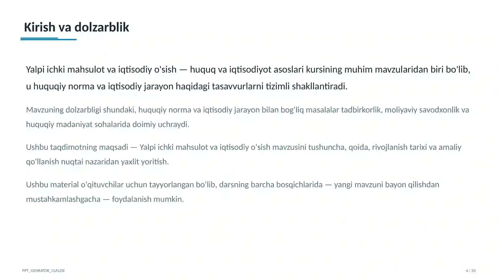 Huquq va iqtisodiyot asoslari (9–11) — o'qituvchilar uchun 4