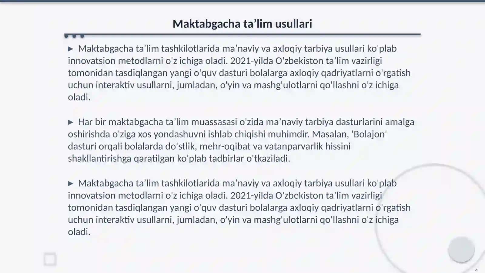 Oilava maktabgacha taʼlimda maʼnaviy va axloqiy tarbiya 4