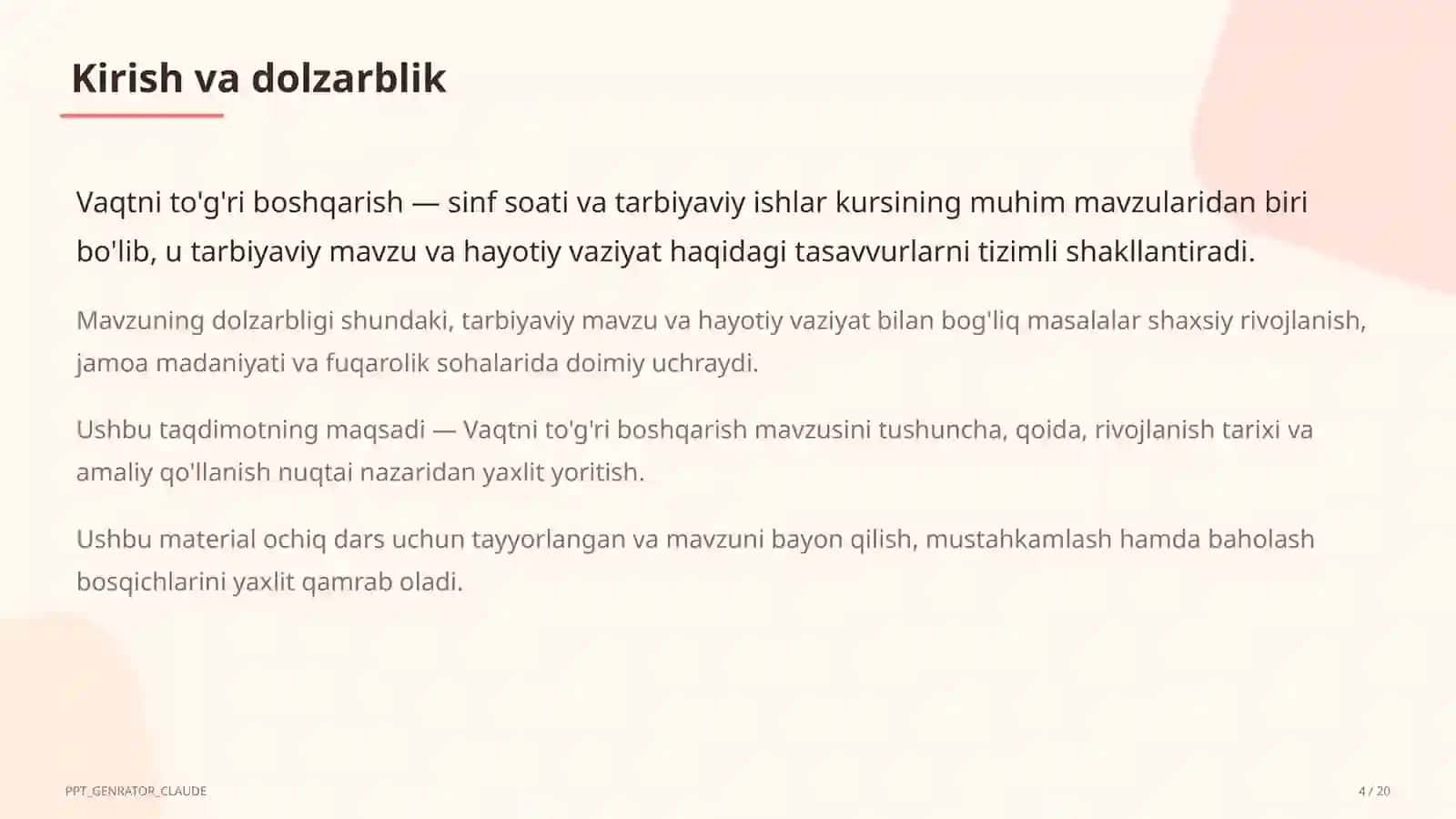 Sinf soati va tarbiyaviy tadbirlar (1–11) — ochiq dars uchun 4