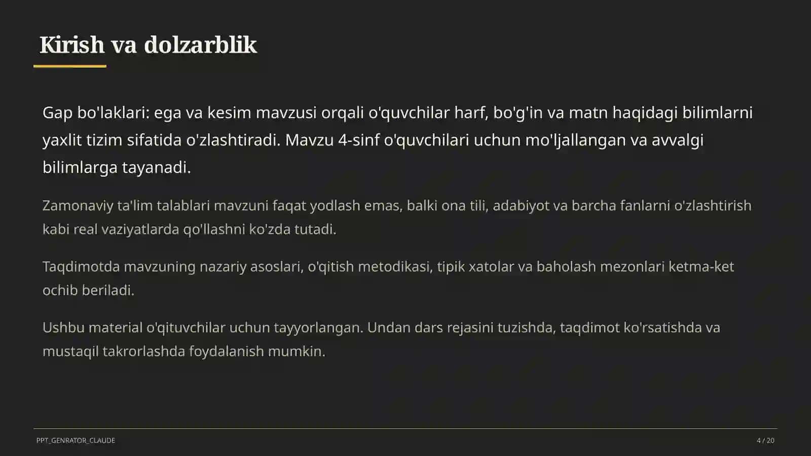 Gap bo'laklari: ega va kesim (4-sinf) 4