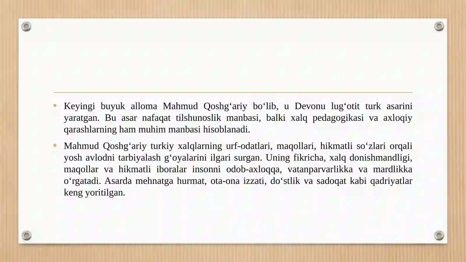YUSUF XOS HOJIB, MAHMUD QOSHGʻARIY VA AHMAD YUGNAKIYNING TAʼLIMIY-AXLOQIY QARASHLARI. KAYKOVUSNING “QOBUSNOMA” ASARI VA JAVONMARDLIK TARBIYASI. 4