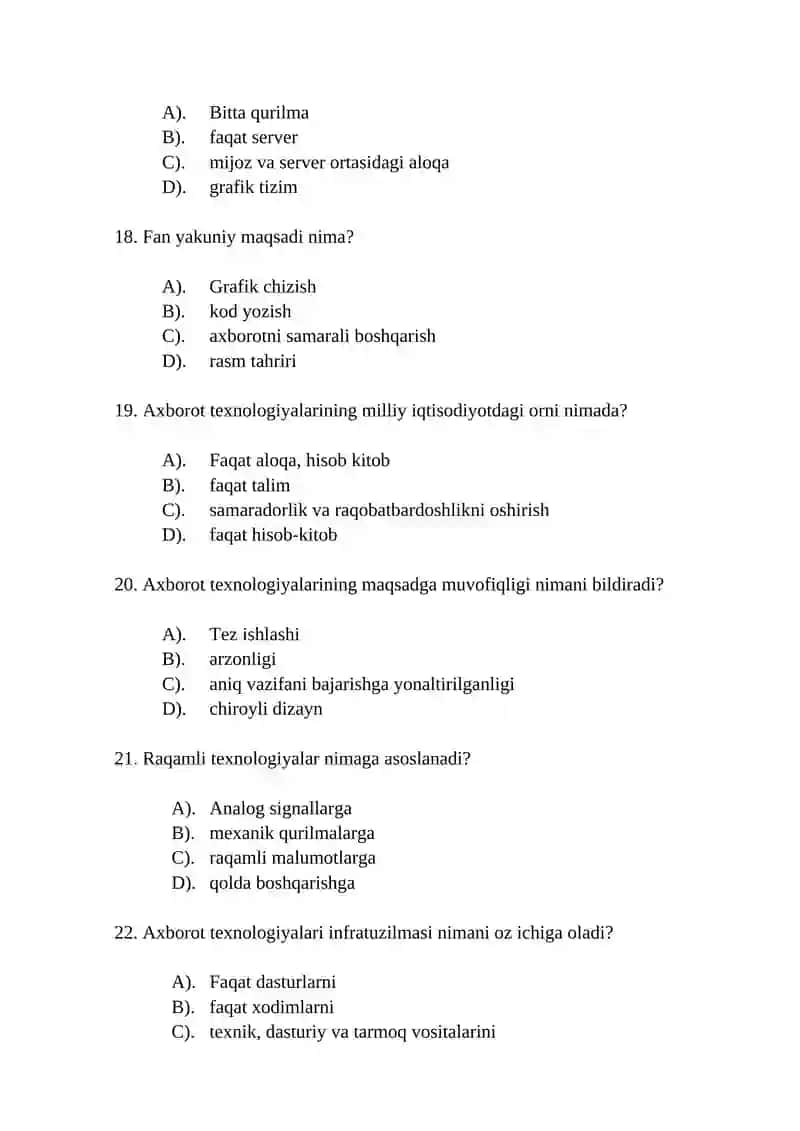 Yakuniy test savollari "Iqtisodiyotda axborot kommunikatsiya texnologiyalari" 4