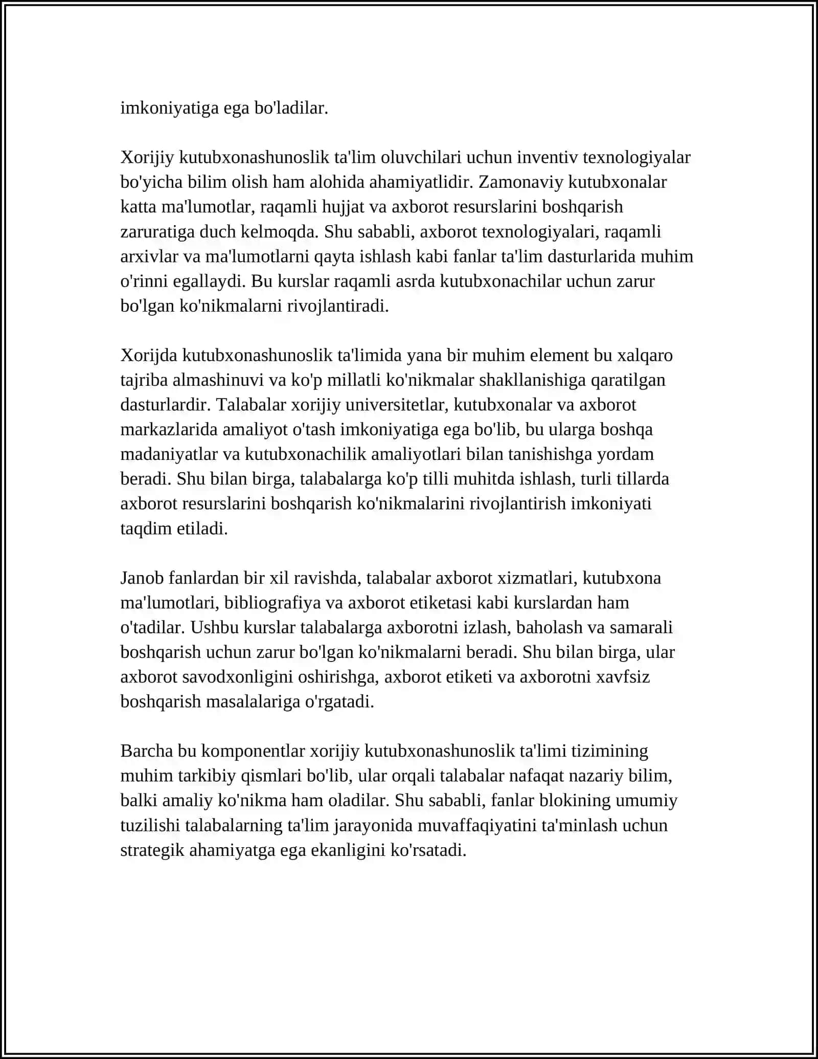 XORIJDA KUTUBXONASHUNOSLIK SOHASINI O'QITISHDA FANLAR BLOKI TAHLILI 4