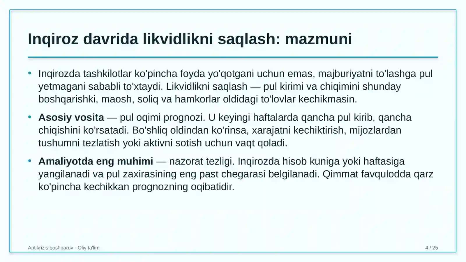 ekologik ta'limda inqiroz davrida likvidlikni saqlash 4301 4