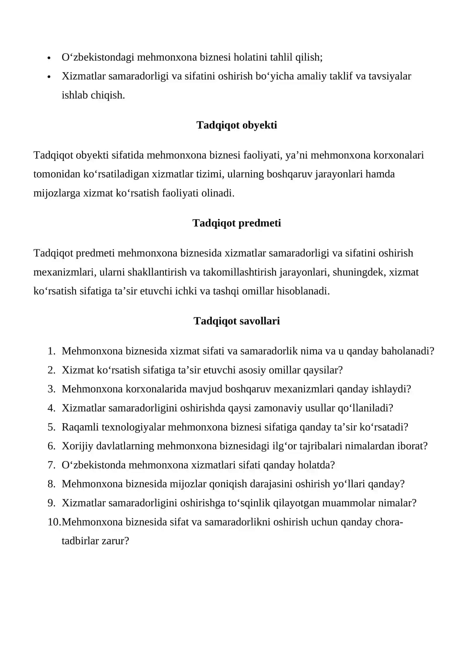 MEHMONXONA BIZNESIDA XIZMATLAR SAMARADORLIGI VA SIFATINI OSHIRISH MEXANIZMINI TAKOMILLASHTIRISH 4