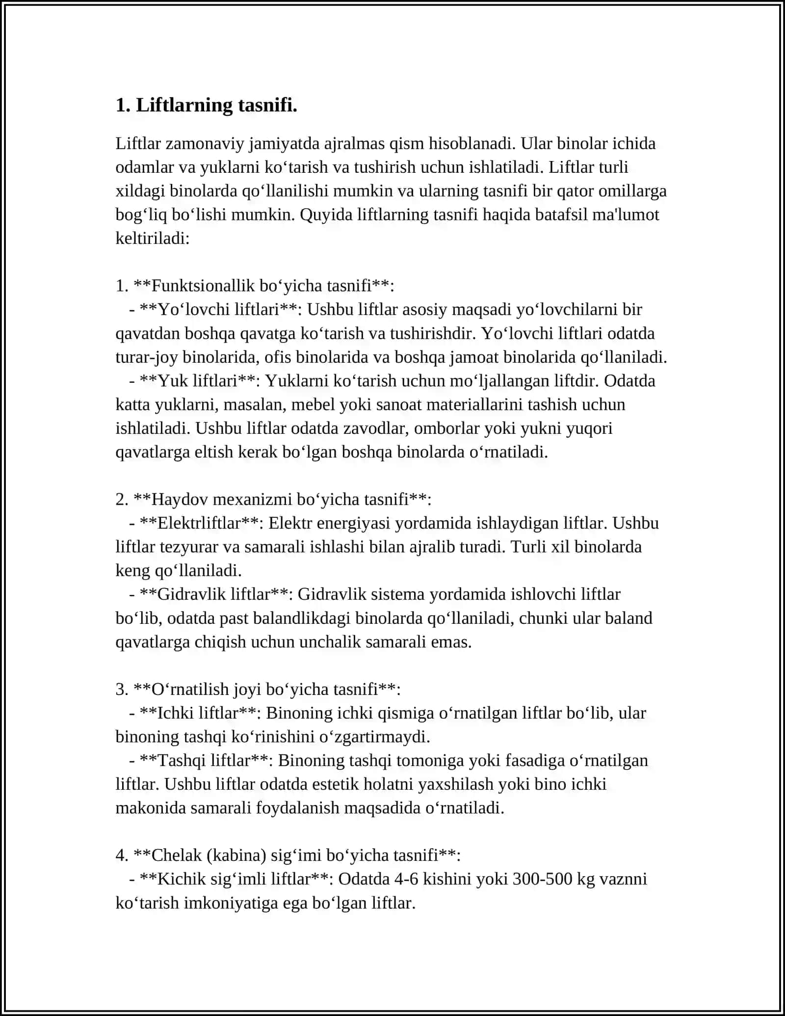 TEZLANISHI BÕYICHA LIFTLAR QAYSI KATIGORYALARGA BÕLINADI 4