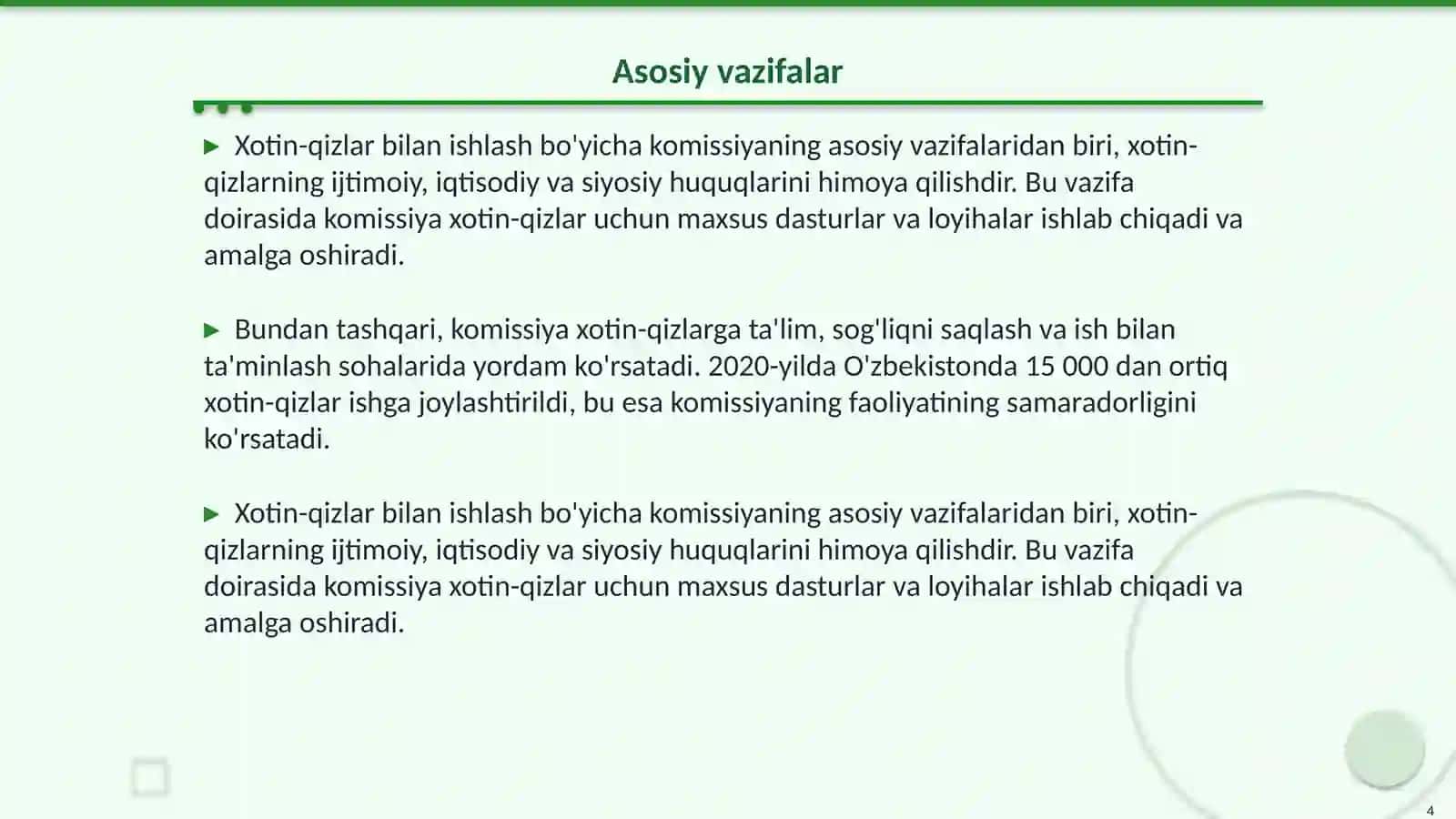 Fuqarolar yig'inining xotin-qizlar bilan ishlash bo'yicha komissiyasi 4