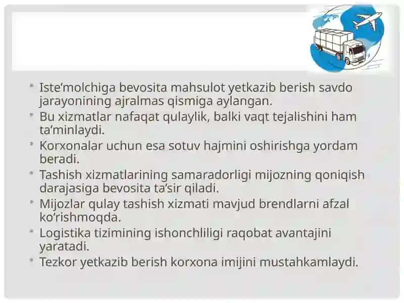 Iste'molchi manzillarga tashish xizmati ko'rsatish turlari va ularning samaradorligi 4