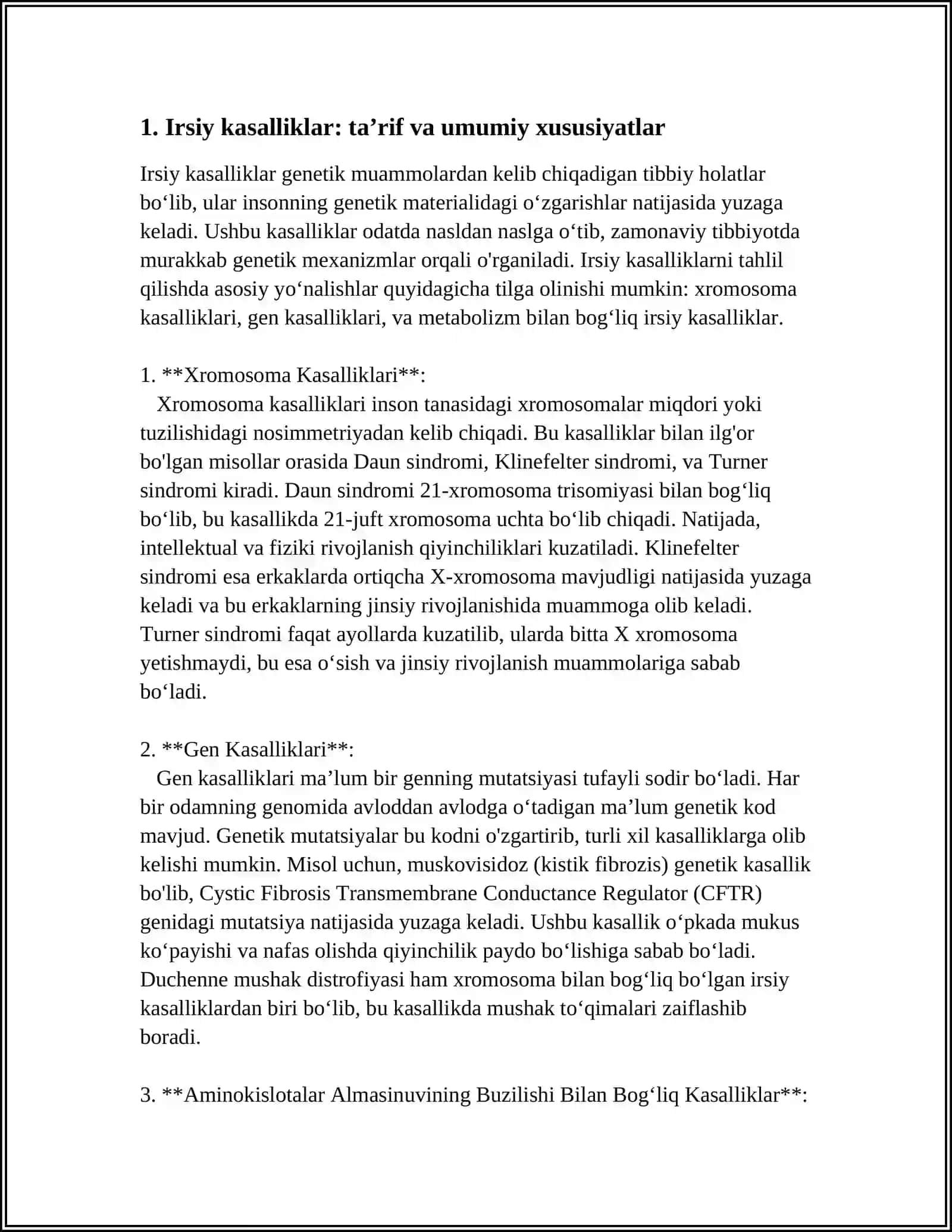 IRSIY KASALLIKLAR. IRSIY KASALLIKLAR KLASSIFIKATSIYASI. XROMOSOMA KASALLIKLARI. GEN KASALLIKLARI. AMINOKISLOTALAR ALMASHINUVINING BUZILISHI BILAN BOG’LIQ KASALLIKLAR. UGLEVOD ALMASHINUVINING BUZILISHI BILAN BOG’LIQ KASALLIKLAR. LIPIDLAR ALMASHINUVINING BUZILISHI BILAN BOG’LIQ KASALLIKLAR 4