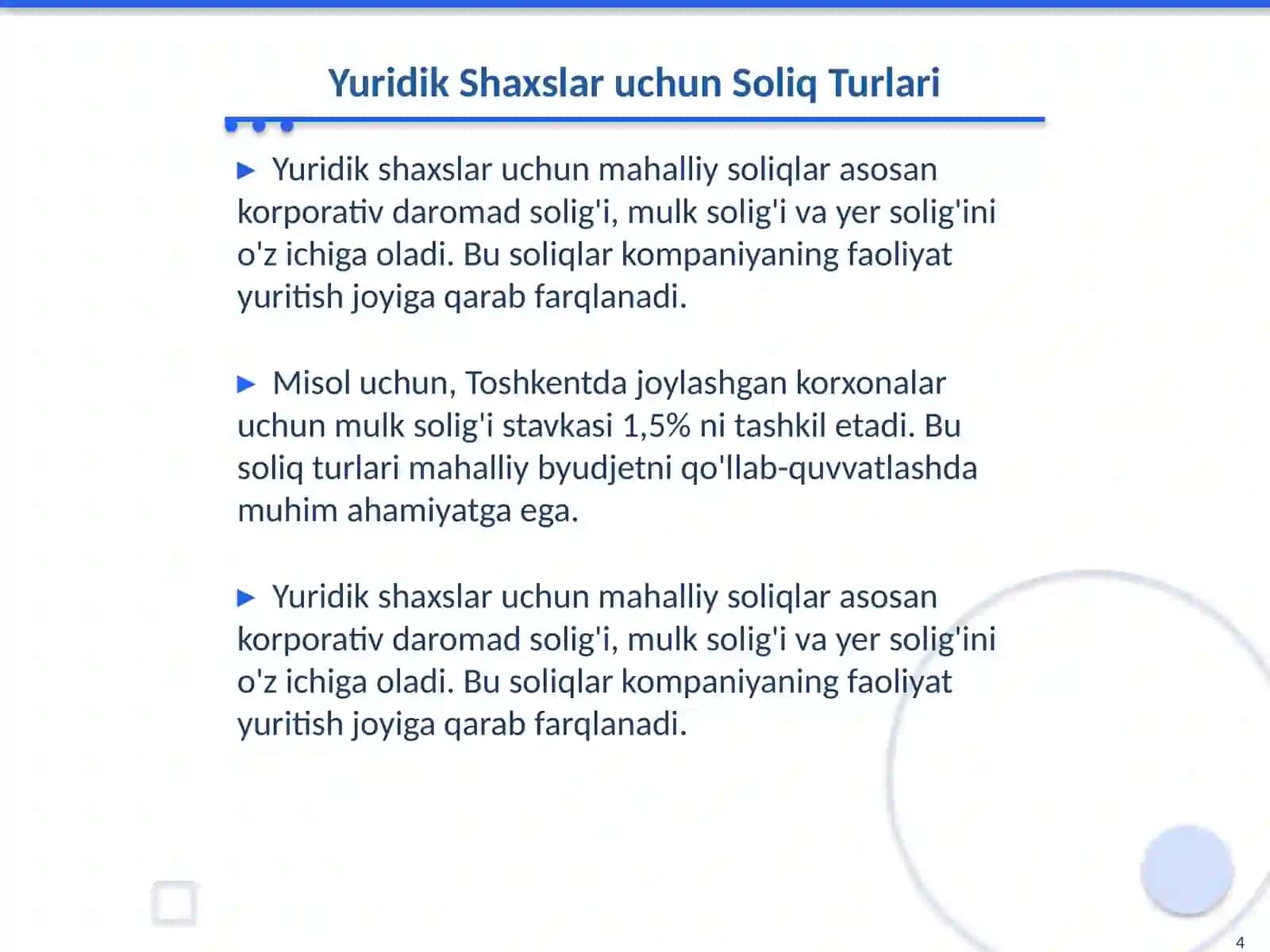 10-mavzu Yuridik shaxslardan undiriladigan mahalliy soliqlar va yig'imlar takomillashtirish 4