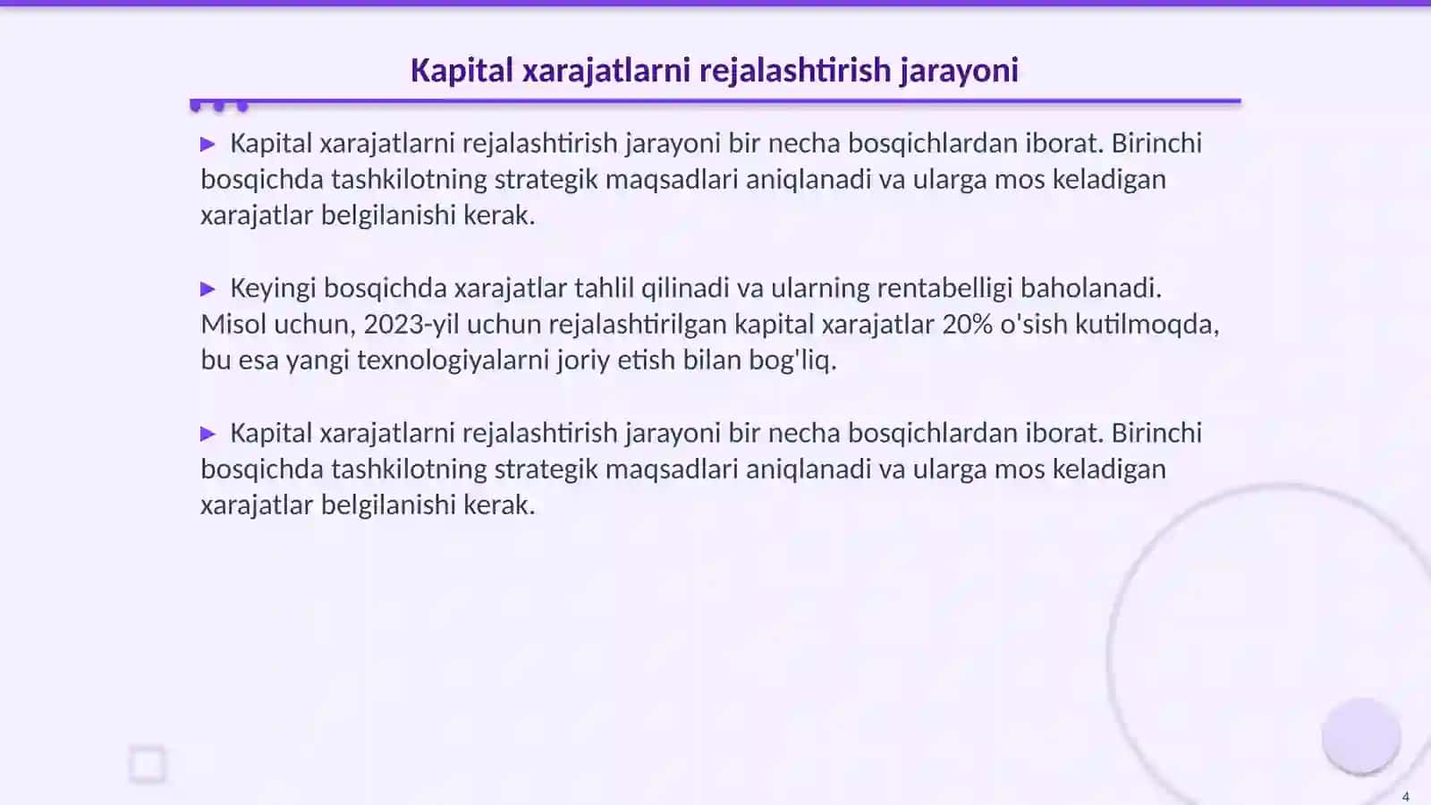 Kapital xarajatlarni rejalashtirish va nazorat qilish rejimi 4