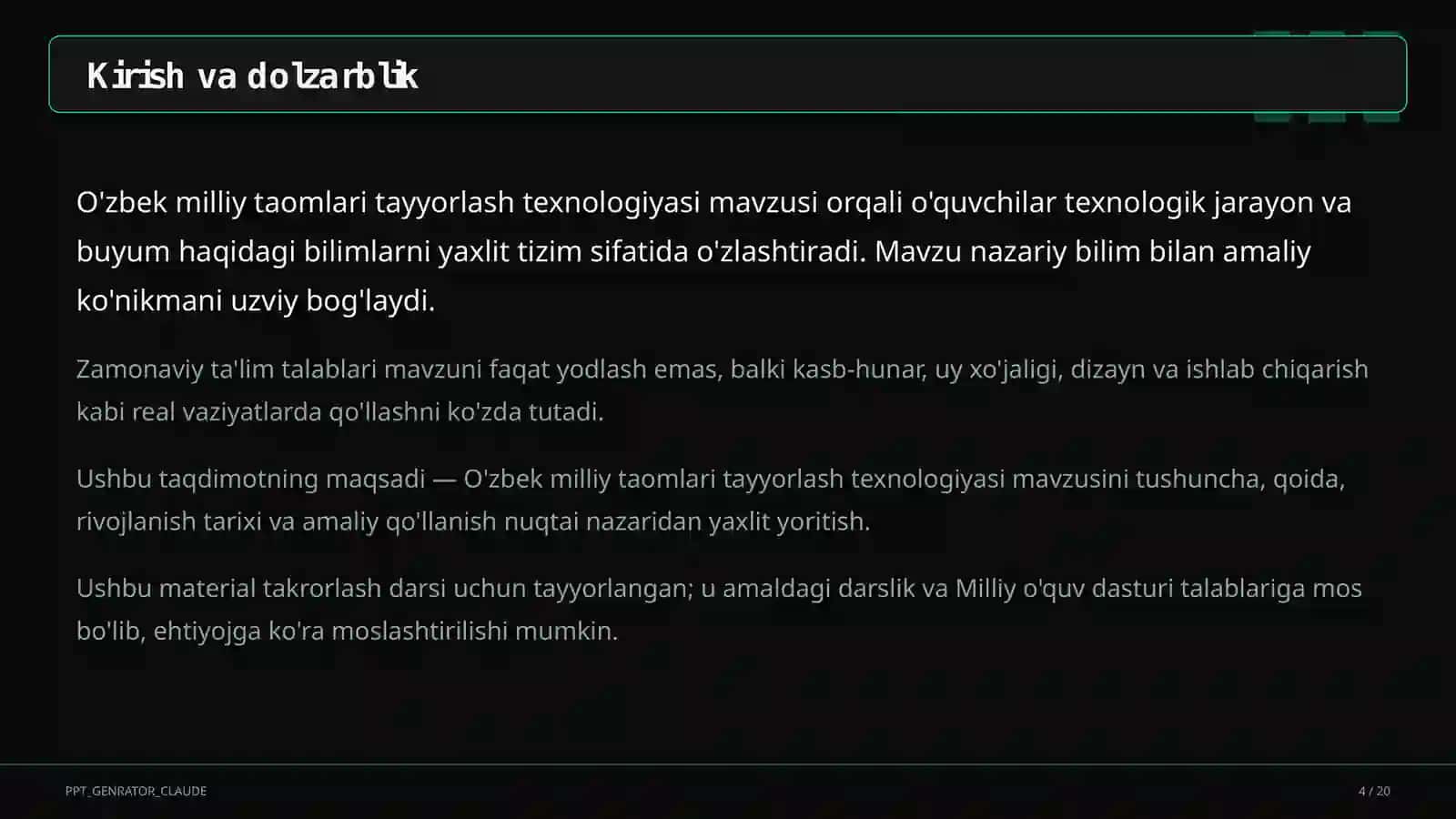 O'zbek milliy taomlari tayyorlash texnologiyasi (6-sinf) 4
