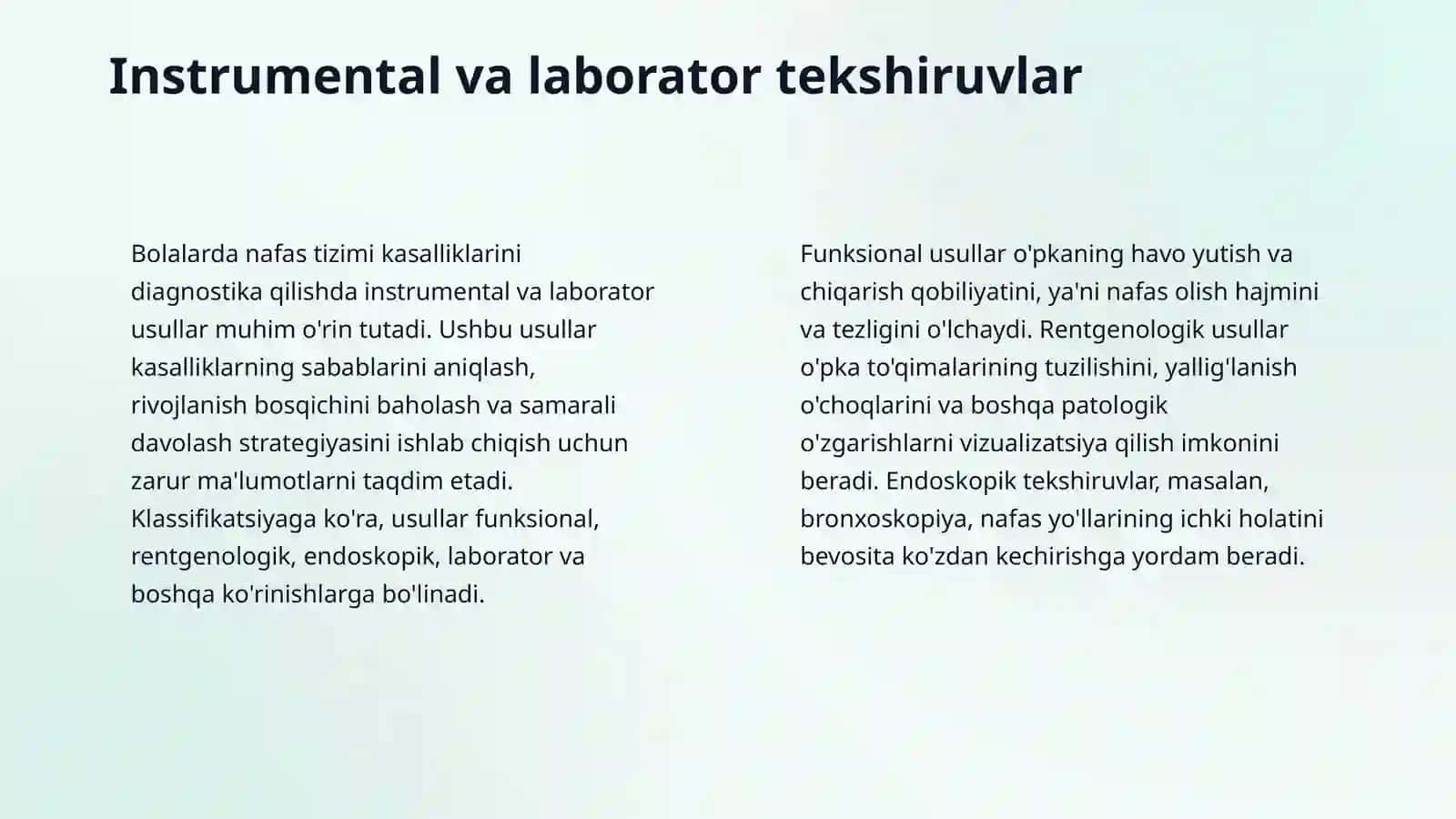 Bolalarda nafas tizimini instumental va laborator tekshiruv usullari. O'pkani funksional va instrumental tekshirish usullari: spirometriya, spirografiya, pnevmotaxometriya, pikfluometriya. O'pkani rentgenologik tekshirish. Bronxoskopiya, bronxografiya, tomografiya, flyuorografiya. Bolalarda nafas tizimi kasalliklarini semiotikasi va sindromlari: yuqori nafas yo'llari zararlanish sindromi, krup sindromi, bronxial obstruksiya sindromi, o'pka to'qimasining infiltratsiya sindromi, atelektaz sindromi 4