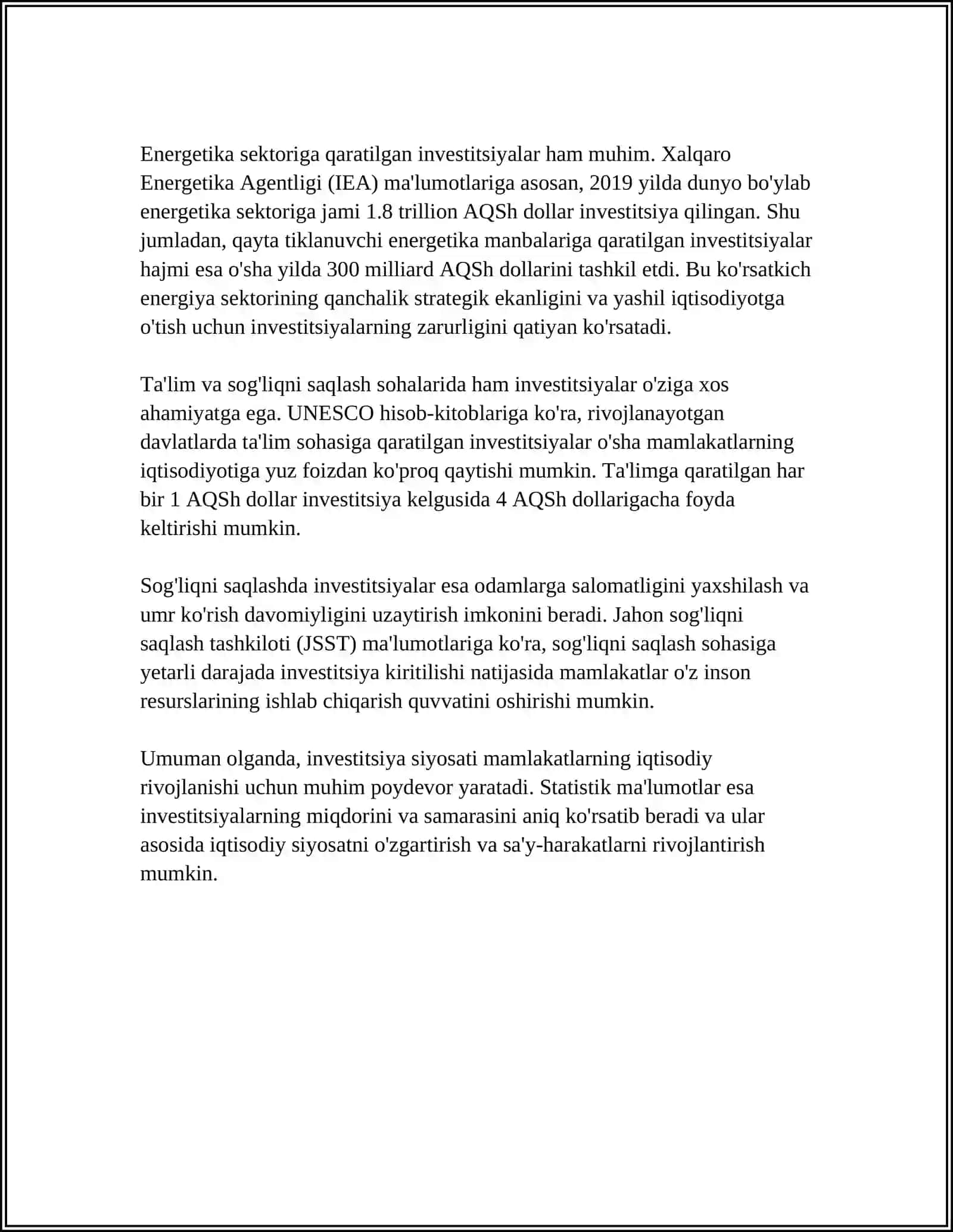 O'ZBEKISTON RESBUPLIKASINING INVESTITSIYA SIYOSATI VA UNING O'ZIGA XOS XUSUSIYATLARI 4