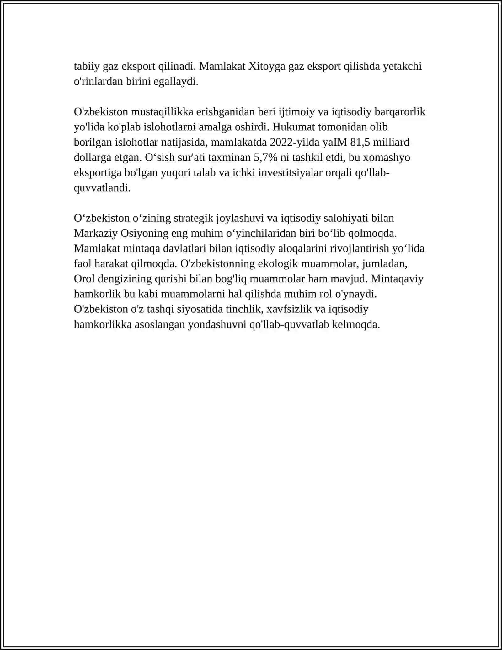 OʻZBEKISTONNING MARKAZIY OSIYODA TINCHLIK VA BARQARORLIKNI TA'MINLASHDAGI OʻRNI 4