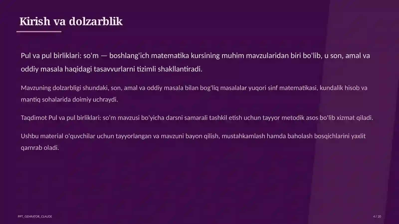 Pul va pul birliklari: so'm (2-sinf) 4