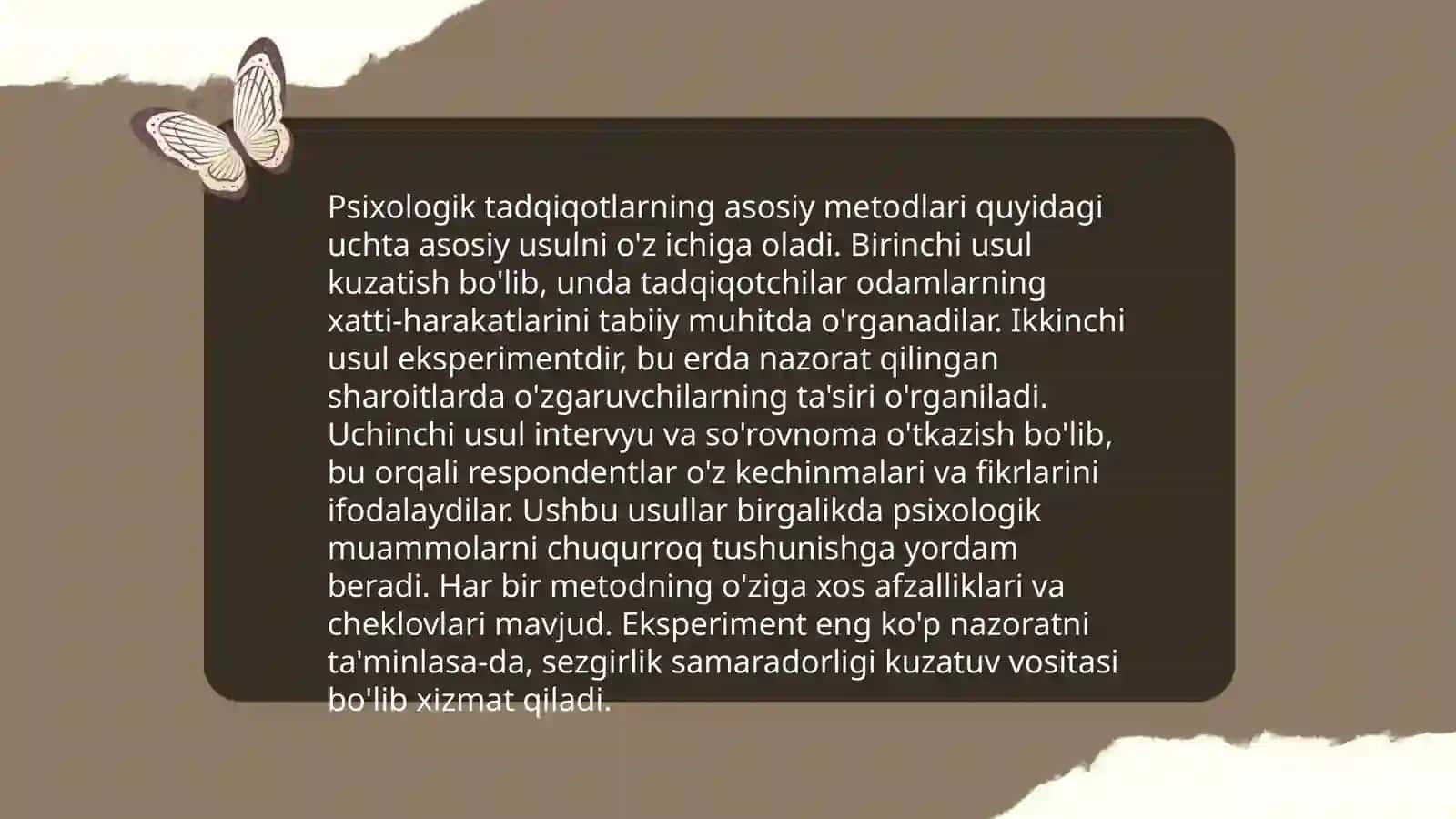 Hozirgi zamon psixologiyasining tarmoqlari va tadqiqot metodlari. Faoliyatning umumiy psixologik tavsifi. Psixologiyada shaxsni oʻrganish nazariyasi 4
