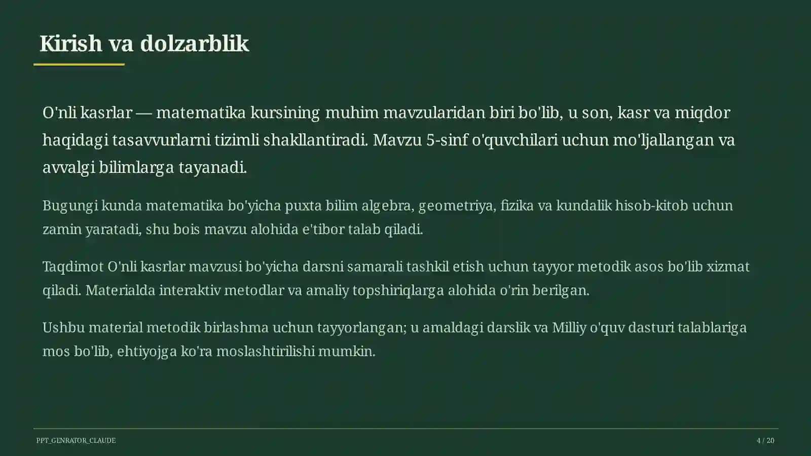 O'nli kasrlar (5-sinf) Matematika (5–6) — metodik birlashma uchun 4